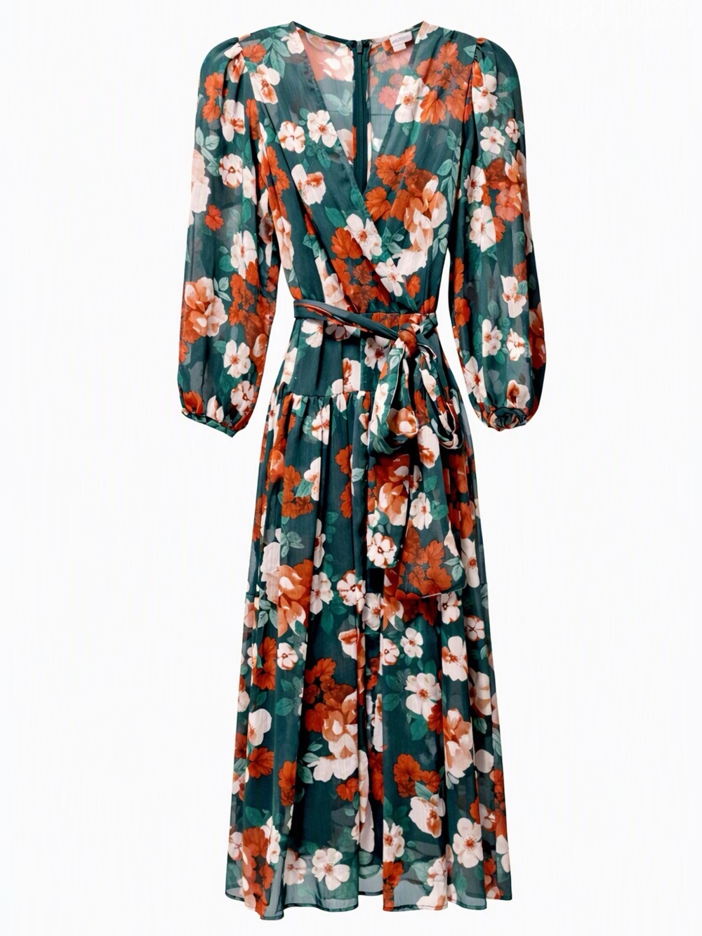 New Calvin Klein Green Orange Blossoms Faux Wrap Midi Dress Size 4